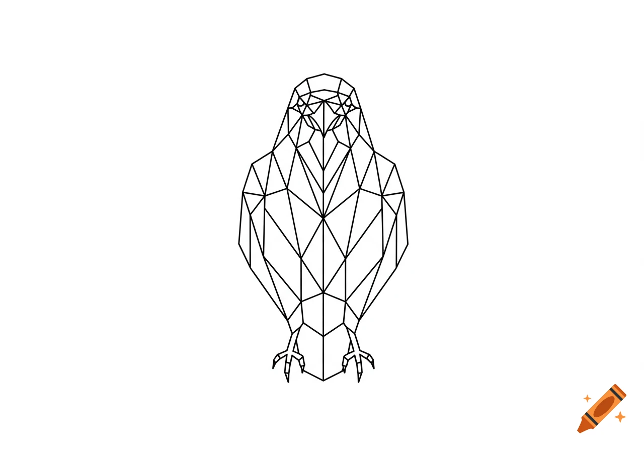 A black and white line art illustration of a raven in an abstract polygonal style, facing forward on a white background.
