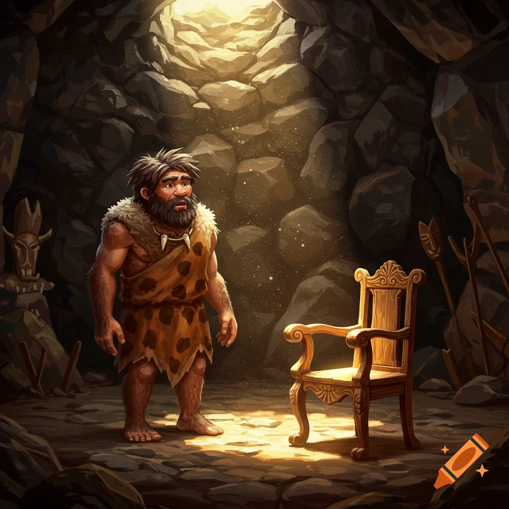 An illustrated caveman in a fur loincloth stands in a sunlit cave, looking at an ornate wooden chair.