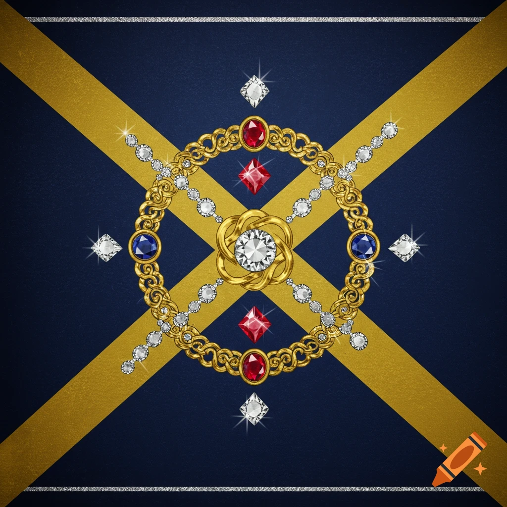 A luxurious flag-like design with a dark blue background and gold bands, centered with an ornate gold circle adorned with sparkling diamonds, red rubies, and blue sapphires.