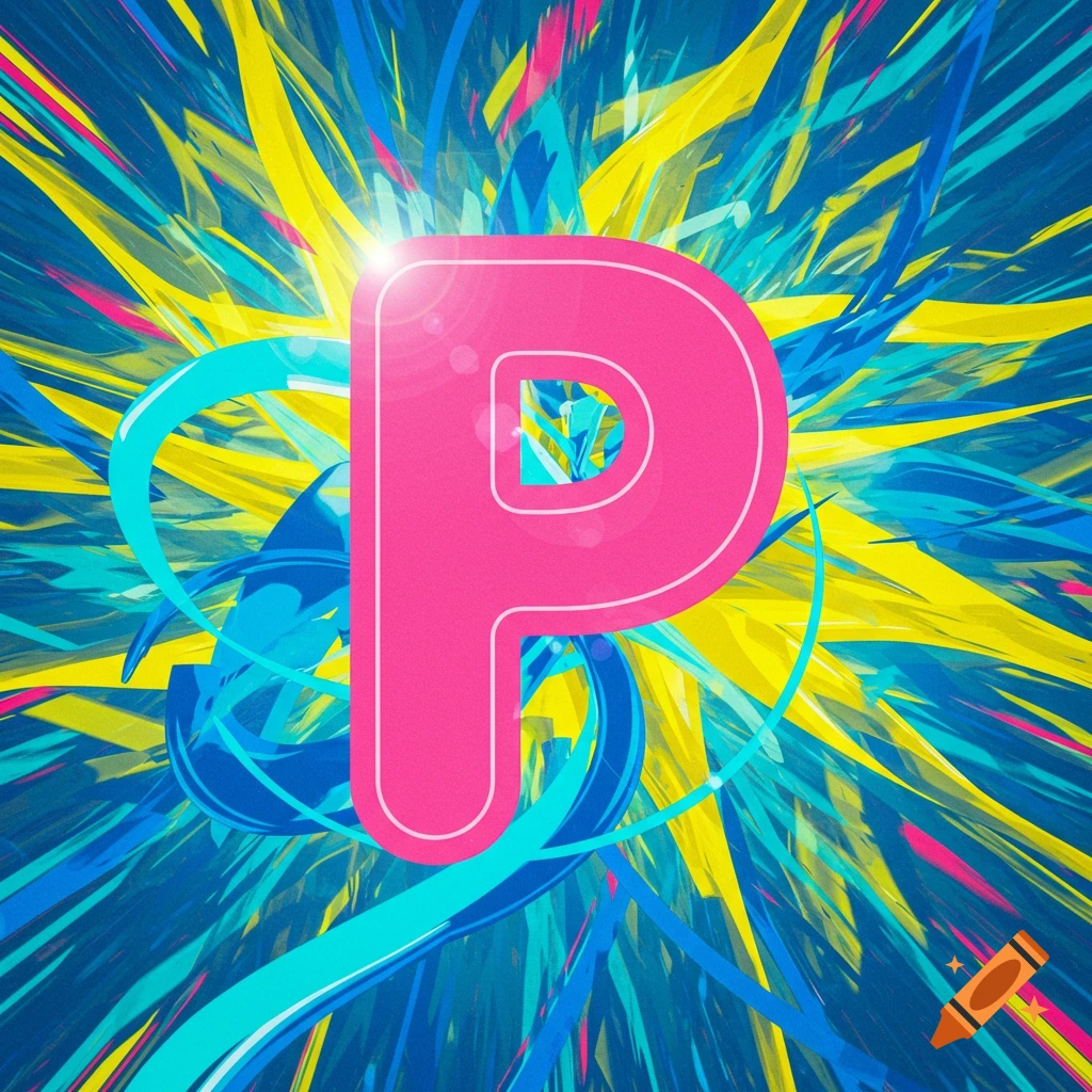 A bright pink letter P against an abstract background of radiating yellow, blue, and cyan lines.