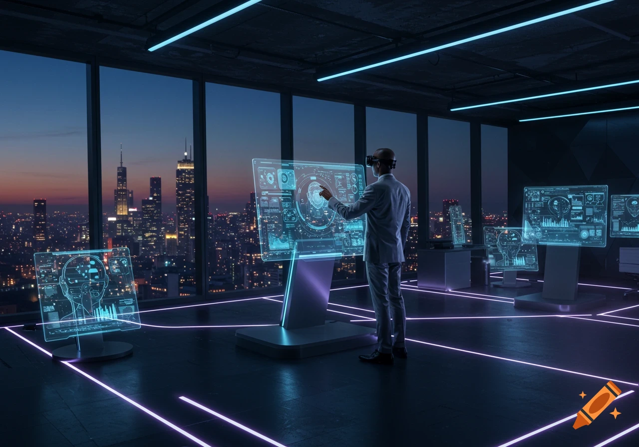 A man in a suit wearing a VR headset interacts with a large holographic screen in a futuristic office with city views at dusk.