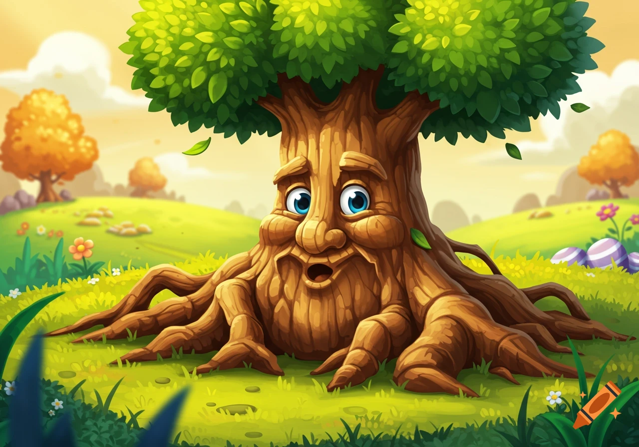 A whimsical cartoon tree with a face and leafy green canopy sits rooted in a vibrant green field under a bright sky.