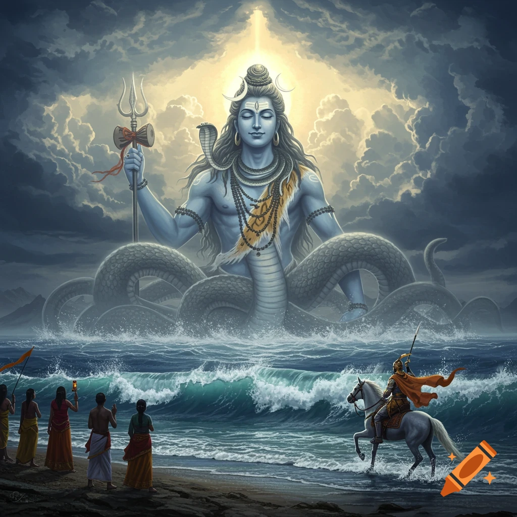 A large blue Shiva emerges from the stormy sea as people worship on the shore and a rider on a white horse gallops through the waves.