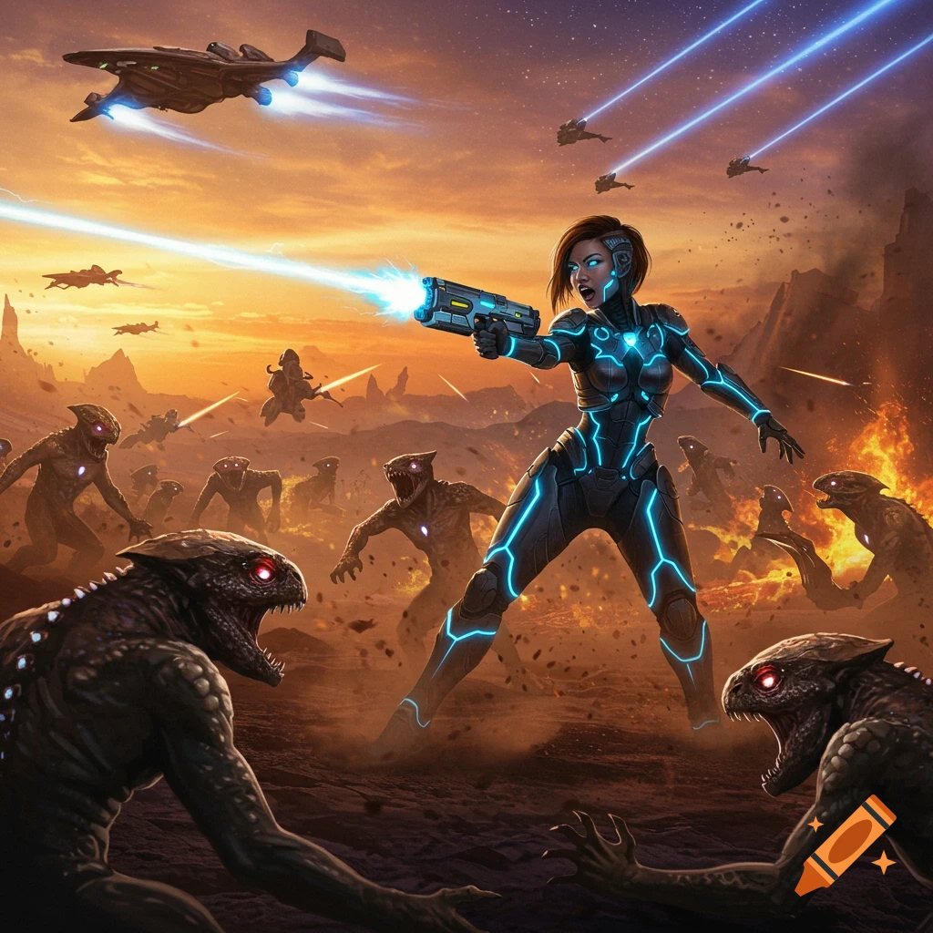 A female sci-fi soldier in glowing armor fires a laser gun at attacking aliens on a desolate, fiery planet, with spaceships flying overhead.