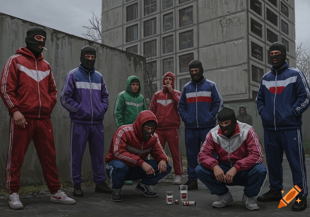 A group of men in tracksuits and balaclavas standing and squatting in front of a Soviet-era building, some smoking and drinking.