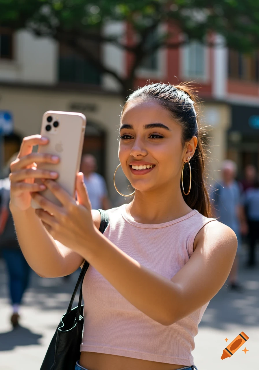 A smiling teenage woman with a ponytail and hoop earrings takes a selfie with a smartphone on a sunny street.