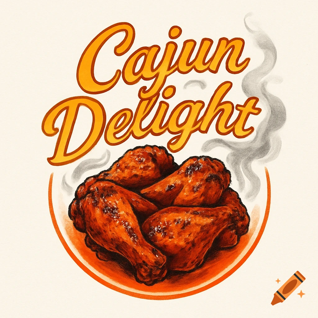 Illustrated logo for Cajun Delight featuring a plate of hot chicken wings with steam.