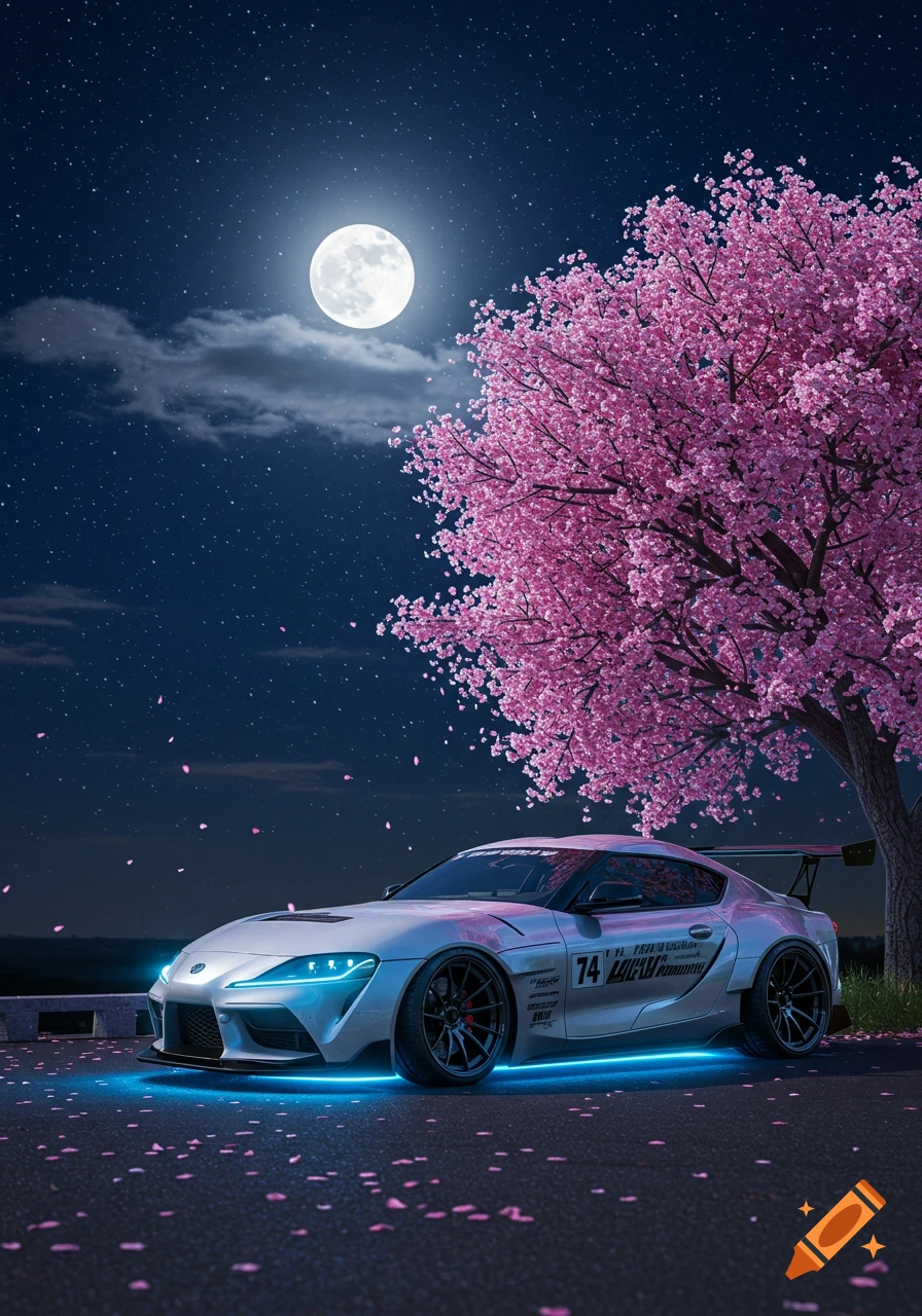 A white-silver modified A90 Supra with blue underglow parked under a full moon and a vibrant pink cherry blossom tree at night, with petals falling.