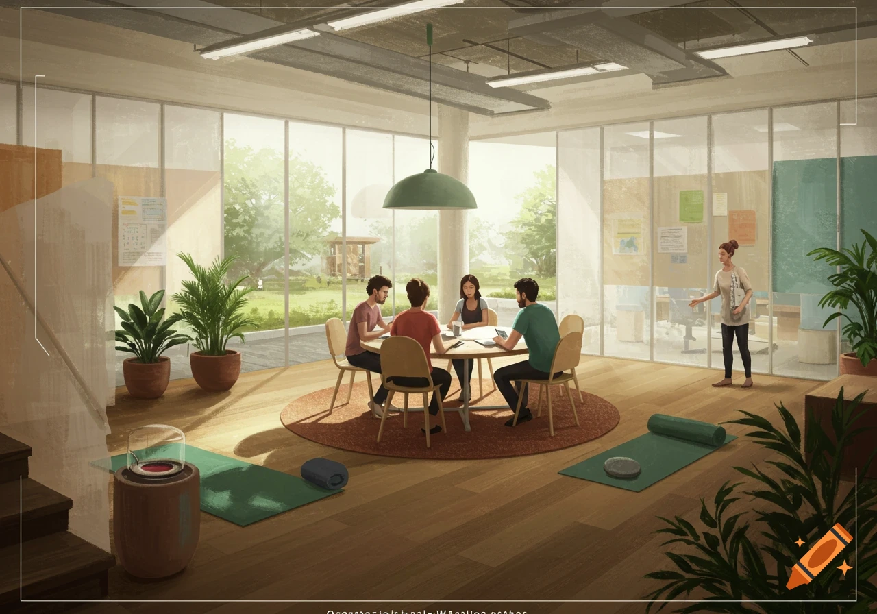 An illustrated scene of four people in a bright, modern office space with large windows, seated around a table for a meeting. There are plants, yoga mats, and a woman standing in the background.