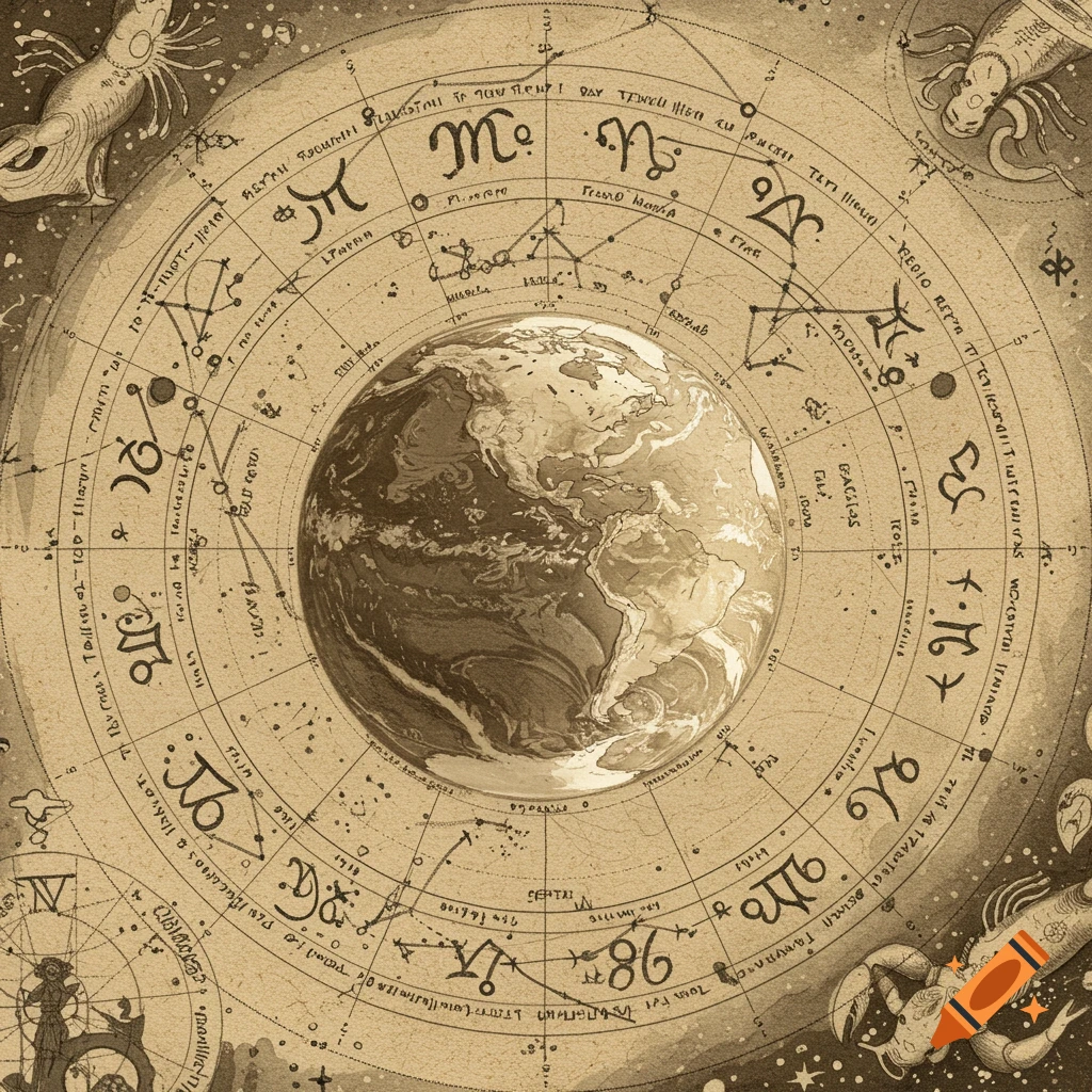A vintage sepia-toned drawing of Earth at the center of an astrological chart with zodiac symbols and celestial bodies.
