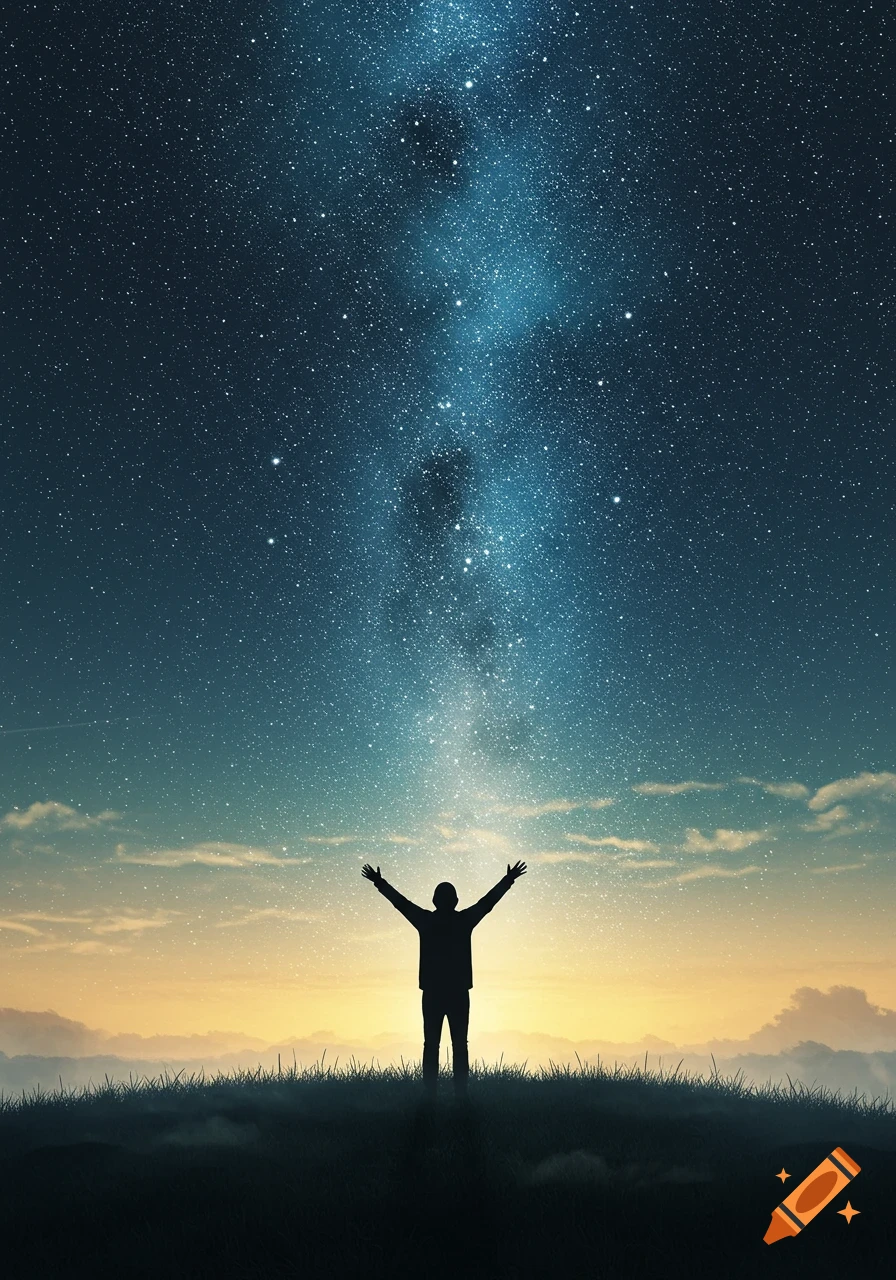 A silhouette of a person with raised arms stands on a hill, looking up at a starry night sky with the Milky Way visible above a glowing horizon.