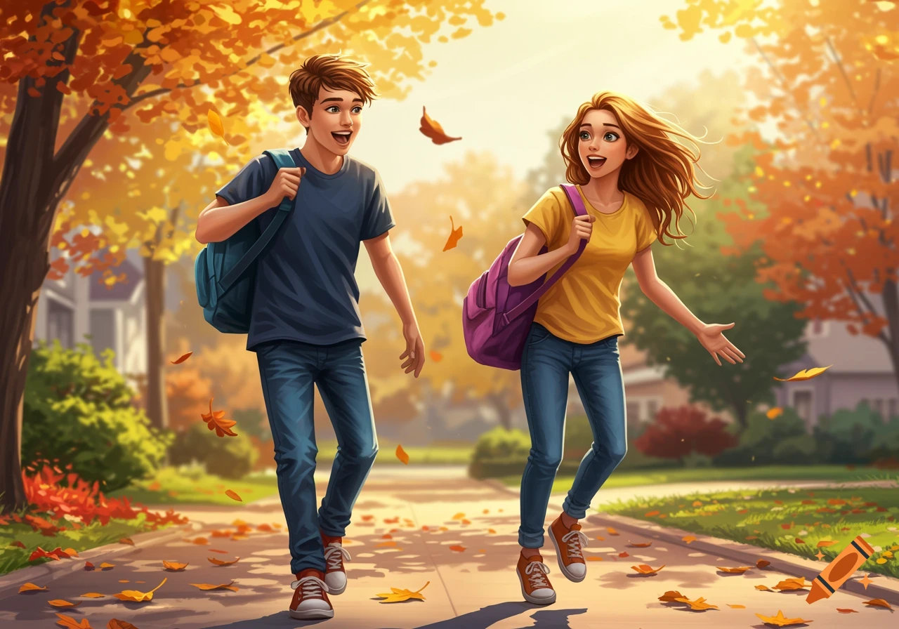 Two animated teenagers, a boy and a girl, walk happily on a sunny autumn path, carrying backpacks.