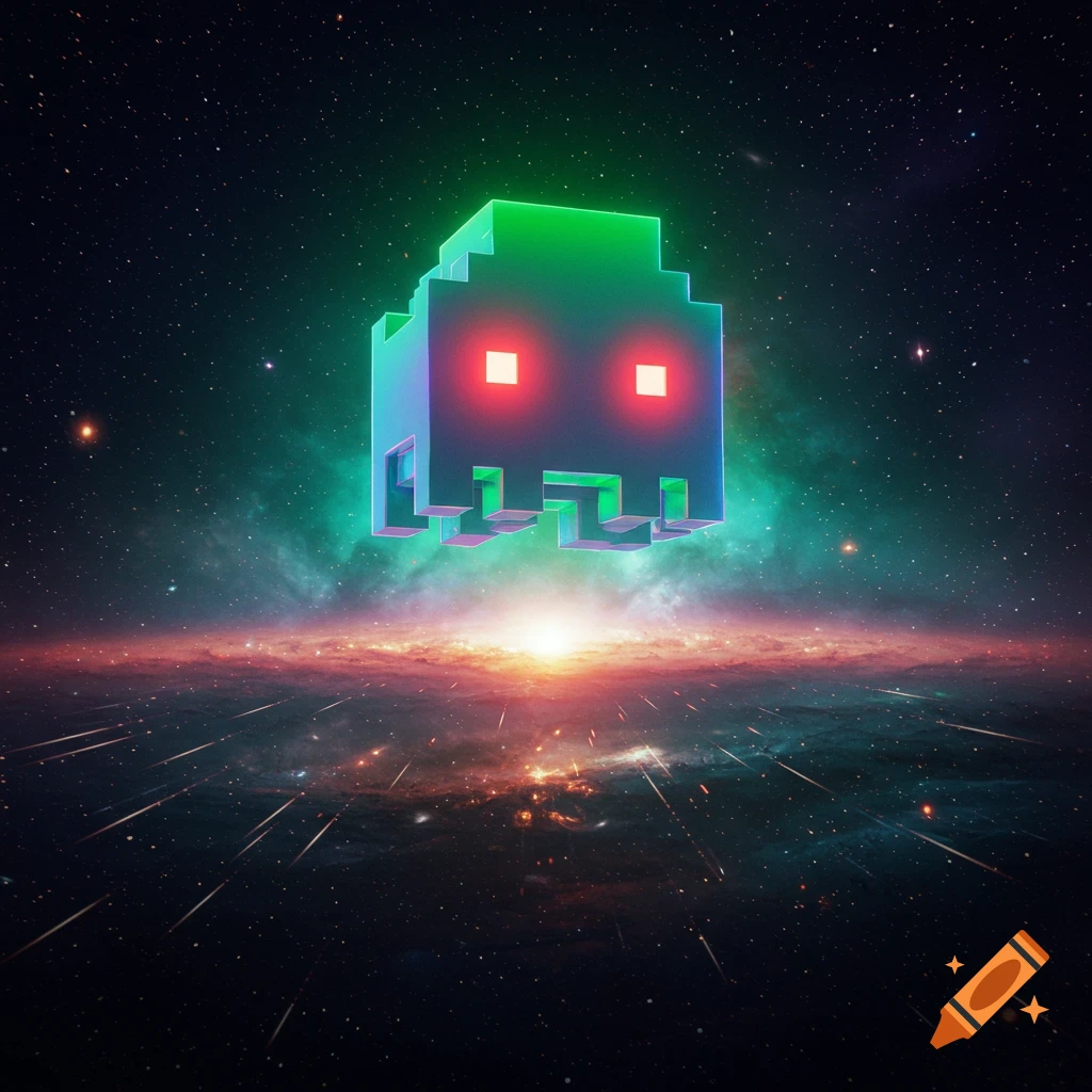 A glowing, pixelated green and blue Space Invader character with red eyes floats above a vibrant galaxy in space.