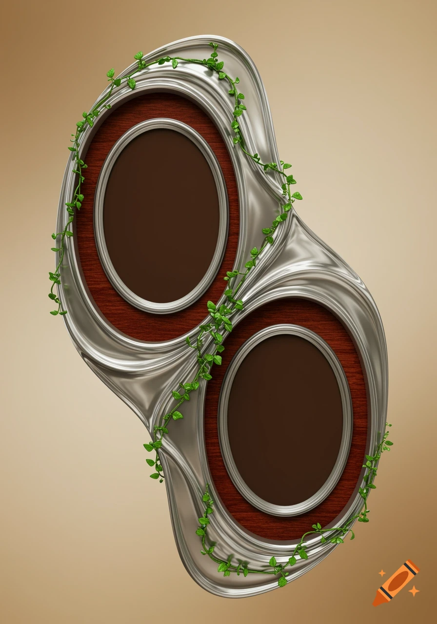 A decorative silver and wood picture frame with two oval openings, intertwined with green vines, against a beige background.