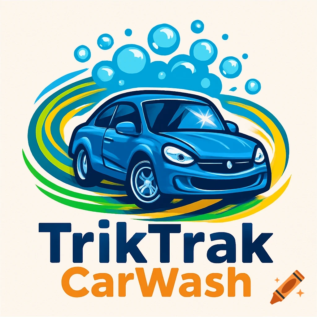 A vibrant logo for TrikTrak CarWash, featuring a blue car with soap bubbles and colorful swooshes around it.