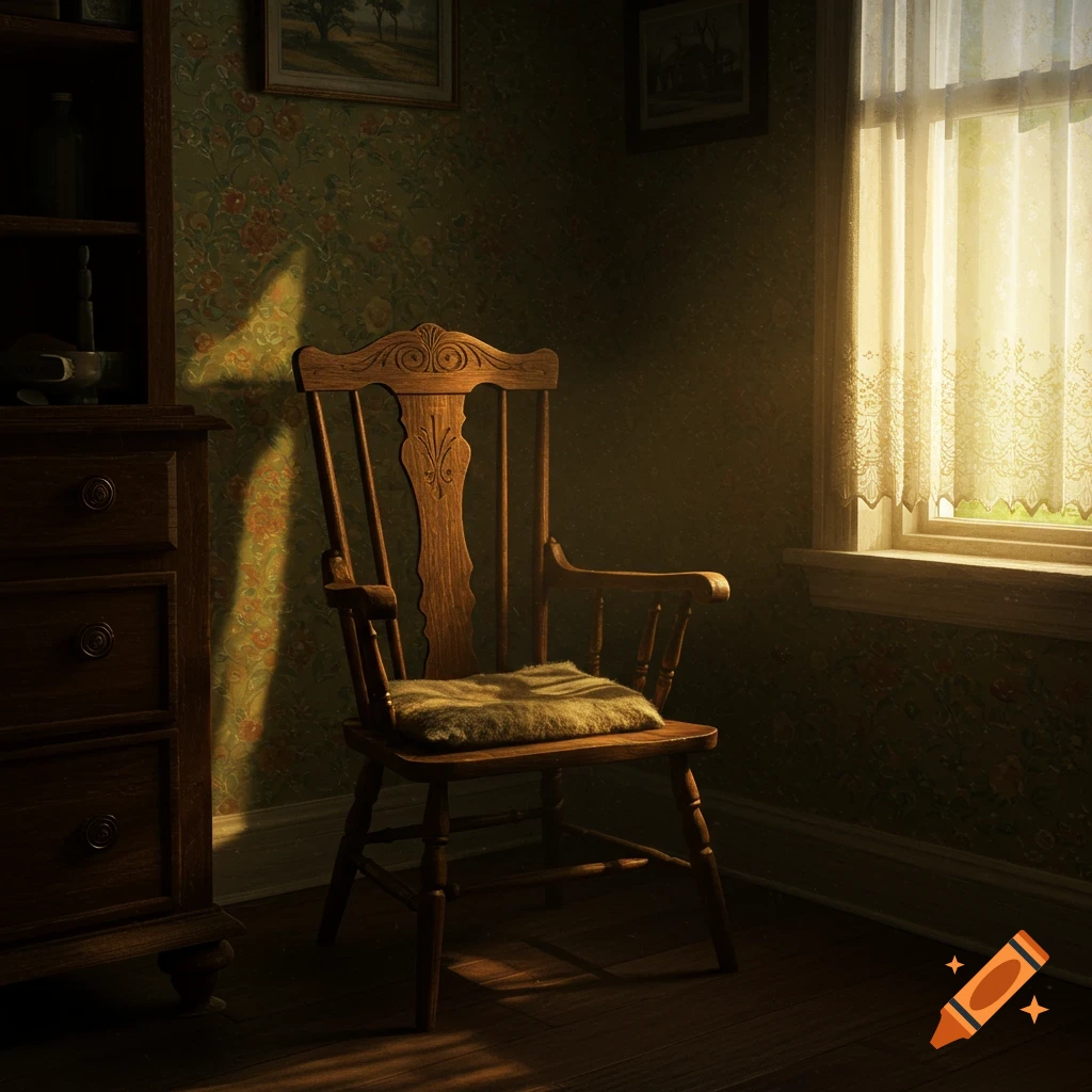A vintage wooden chair with a cushion sits in a dimly lit room with patterned wallpaper, illuminated by sunlight from a window.