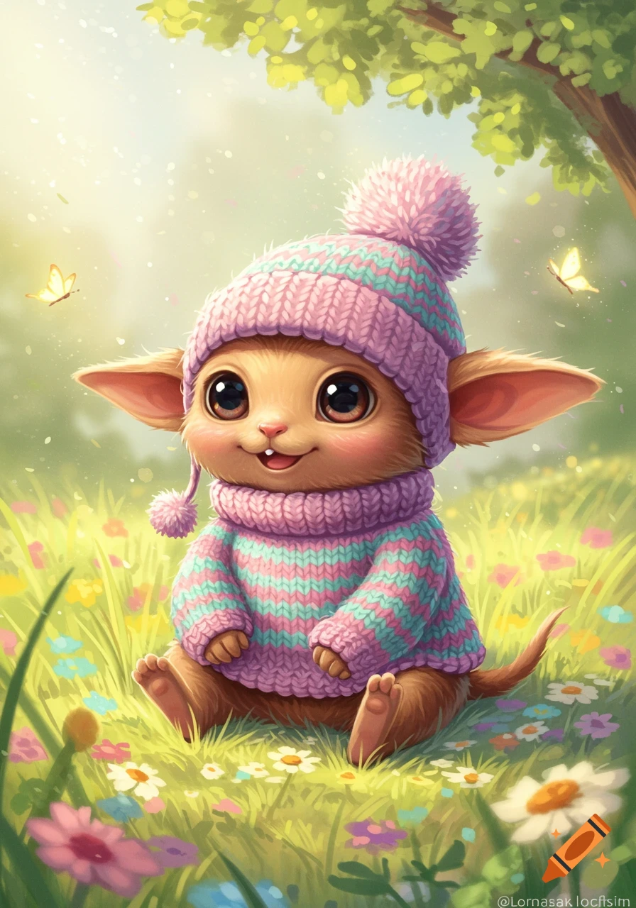 Cute, big-eared creature in a pink and teal striped sweater and hat, sitting in a sunny field of colorful flowers with butterflies.
