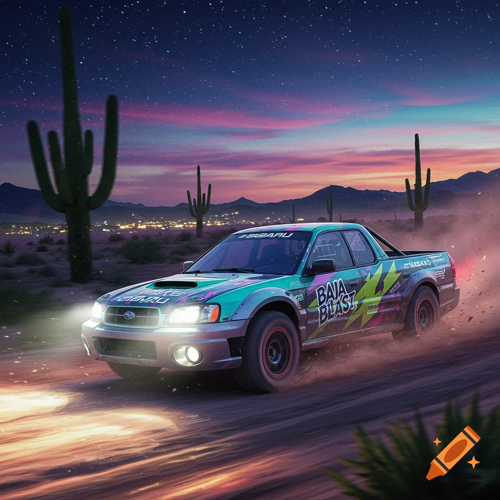 A stylized Subaru Baja in a vibrant teal and purple Baja Blast livery drives through a desert landscape at dusk with illuminated headlights and dust trails.
