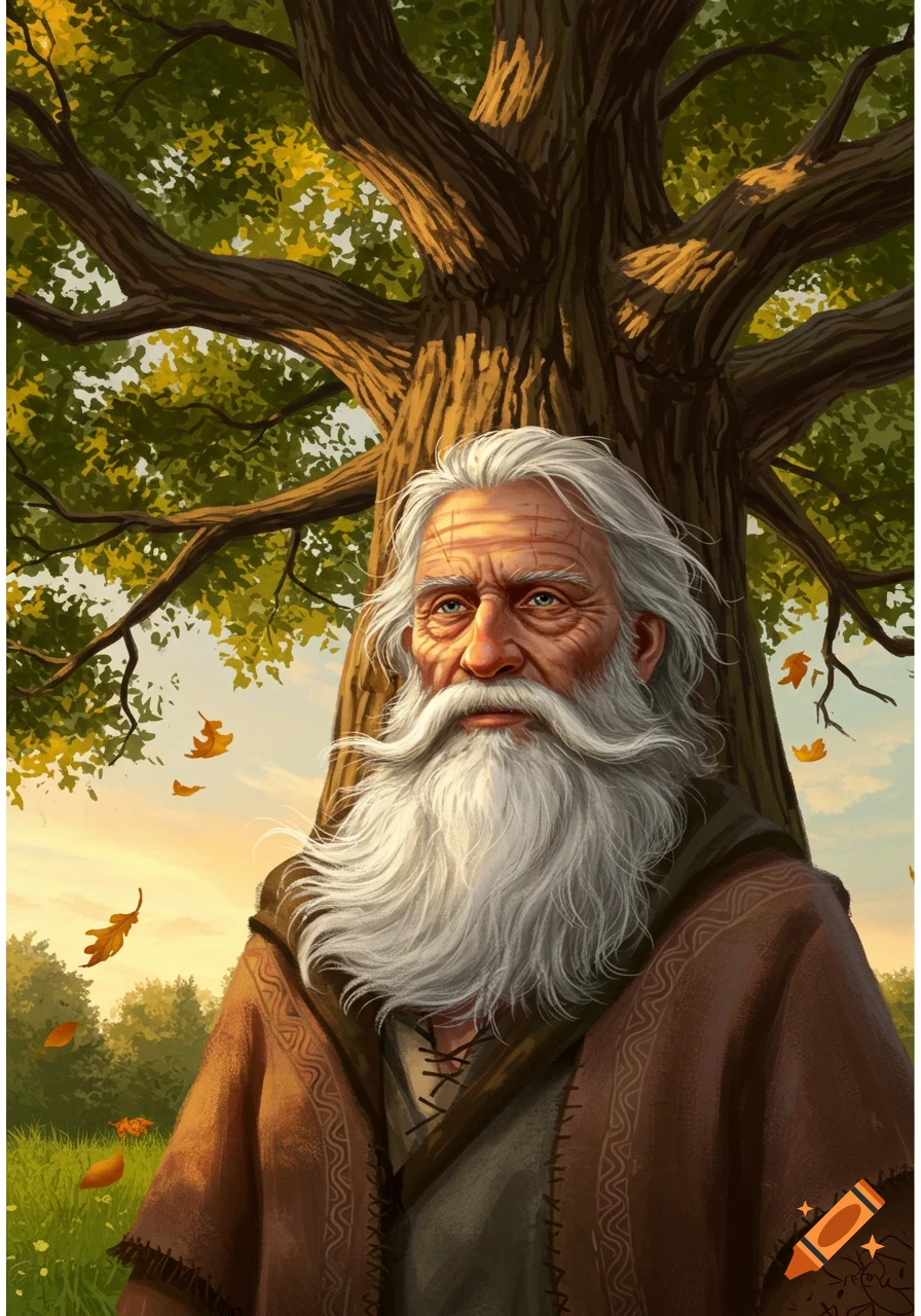 Illustrative portrait of an old man with a long white beard, leaning against a large oak tree at sunset with falling autumn leaves.