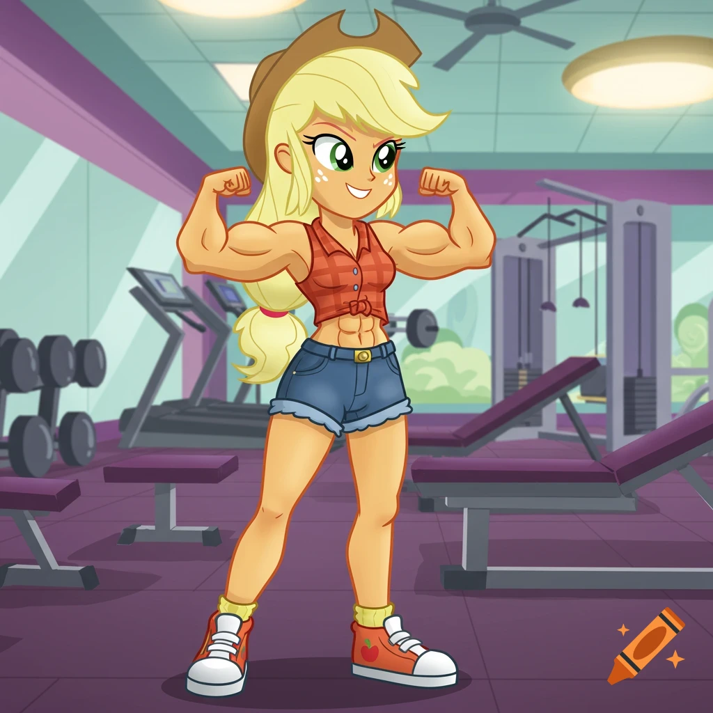 Applejack from My Little Pony: Equestria Girls, a cartoon character, flexes her muscular arms in a gym.
