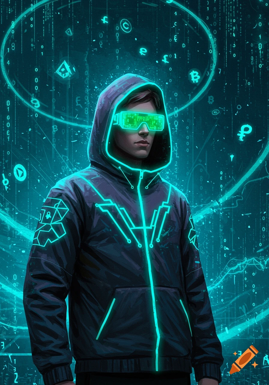 A person in a dark hoodie and glowing green futuristic glasses stands in a digital matrix of binary code and cryptocurrency symbols.