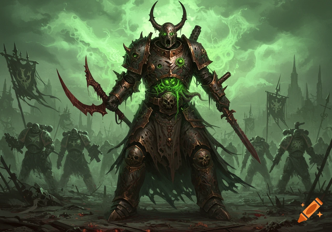 A demonic, heavily armored Warhammer 40k Plague Champion holding a scythe and sword, with green glowing eyes and oozing green guts, stands on a battlefield with other armored figures under a green sky.