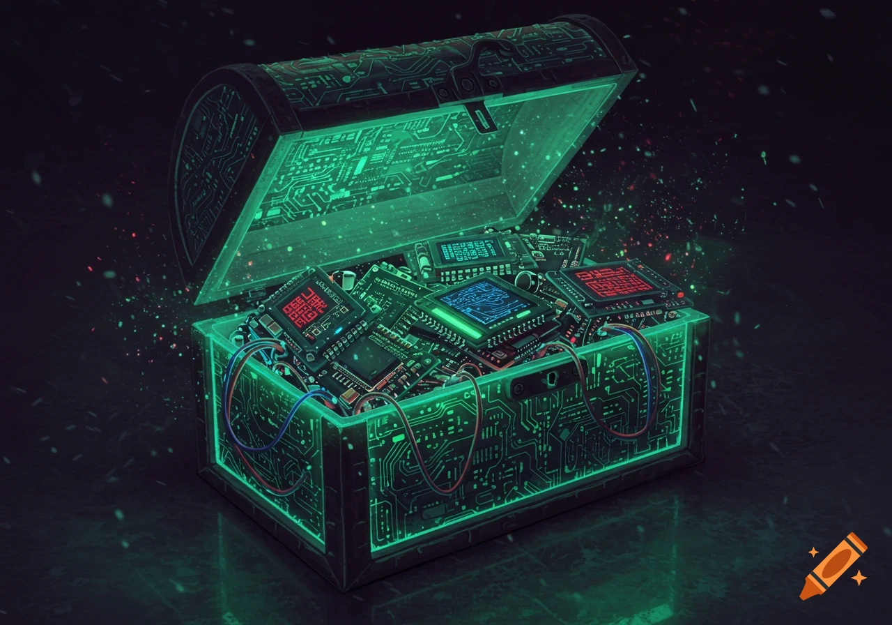 A treasure chest glowing with green light, filled to the brim with glowing circuit boards, microchips, and wires. Dark, futuristic aesthetic.