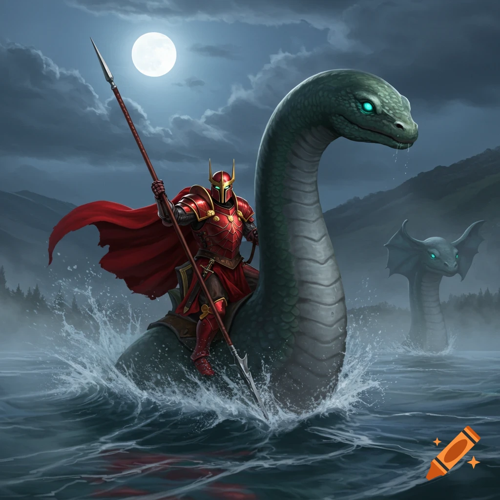 A red armored knight with a spear rides a large green sea serpent through moonlit water, with another sea creature in the background.