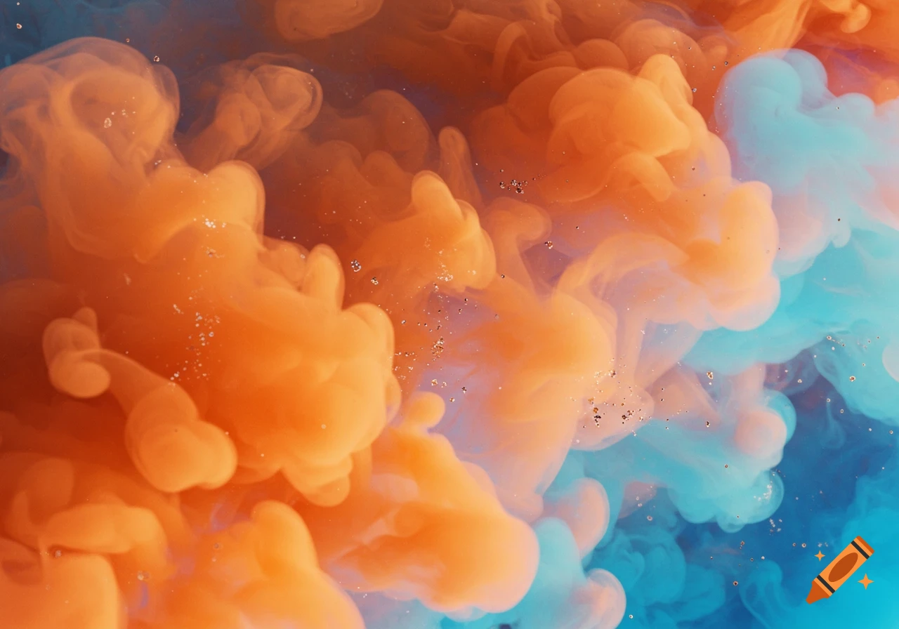 Orange and blue ink swirling and mixing in water, creating abstract cloud-like patterns.