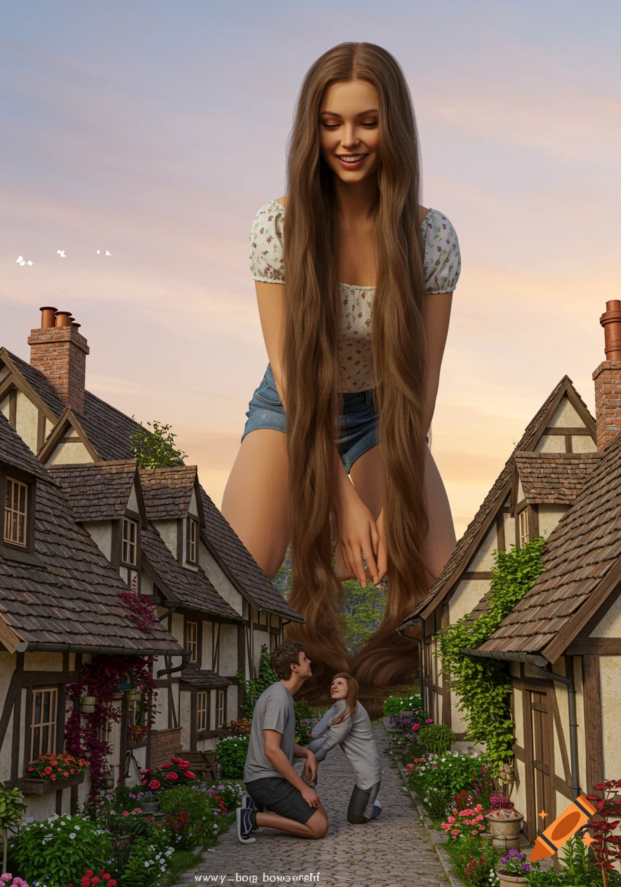 A giantess with long brown hair kneels between village houses as two small people look up at her admiringly in a photorealistic style.