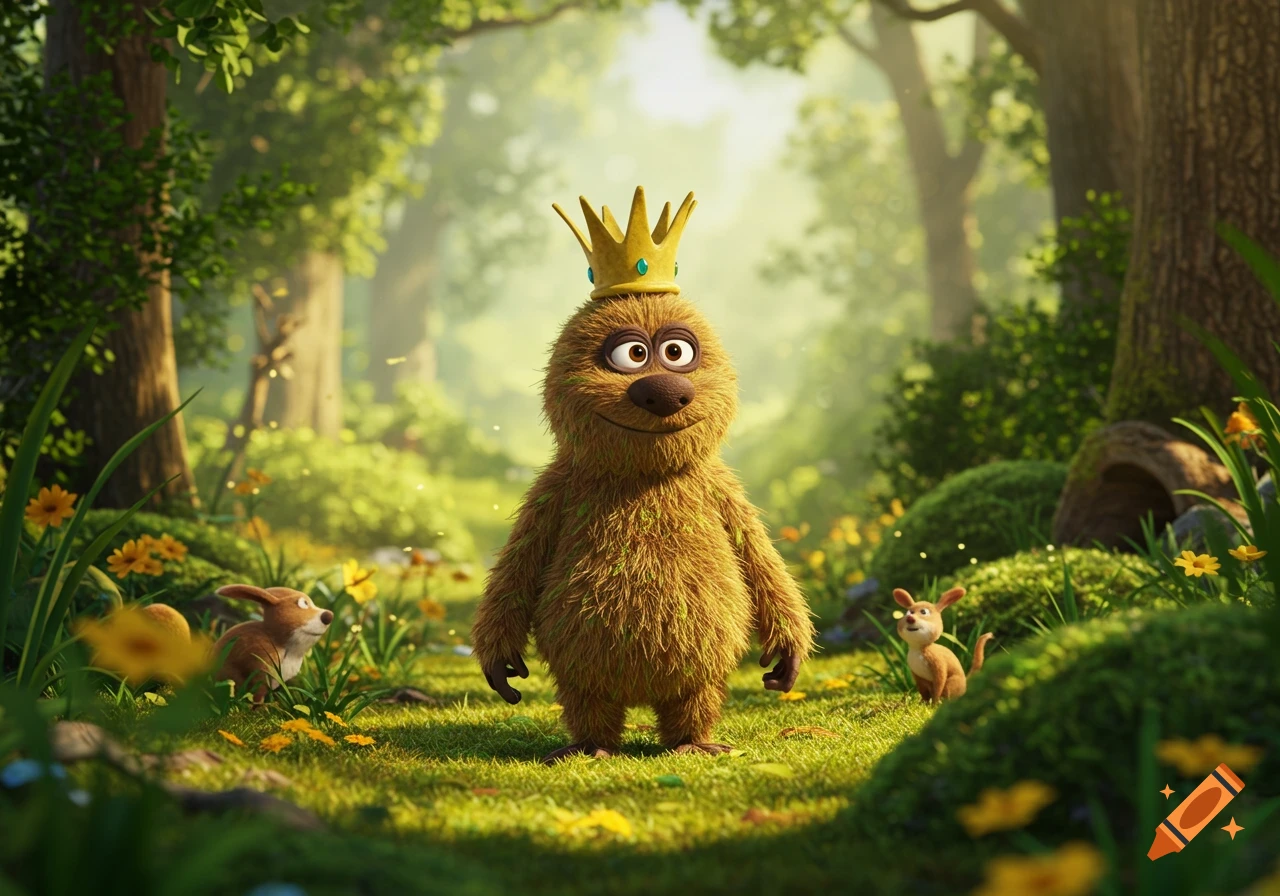 A cute, furry brown creature wearing a gold crown stands in a vibrant, sunlit forest clearing with two small rabbit-like animals.