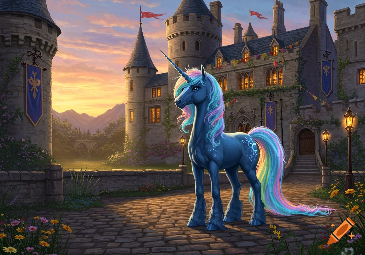 A blue unicorn with a flowing rainbow mane and tail stands on a cobblestone path in front of a grand medieval castle at sunset.