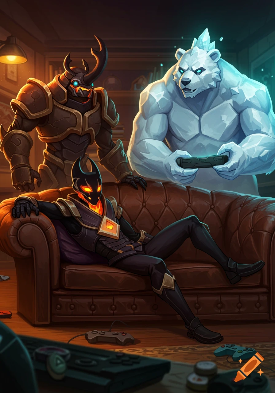 Three stylized video game characters, a black-suited figure on a couch, a brown armored beetle-like character, and a white muscular polar bear playing video games in a cozy room.
