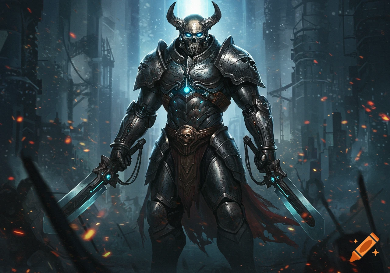 A menacing warrior in futuristic medieval armor with a skull faceplate and glowing eyes stands wielding two glowing swords in a ruined, dark city.