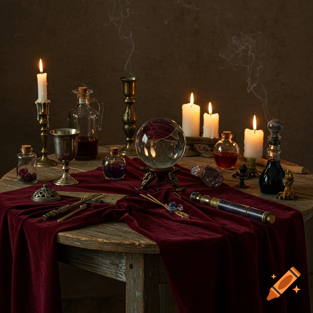 A photorealistic seance setup with lit candles, a crystal ball, and various mystical vials on a wooden table draped with red velvet.