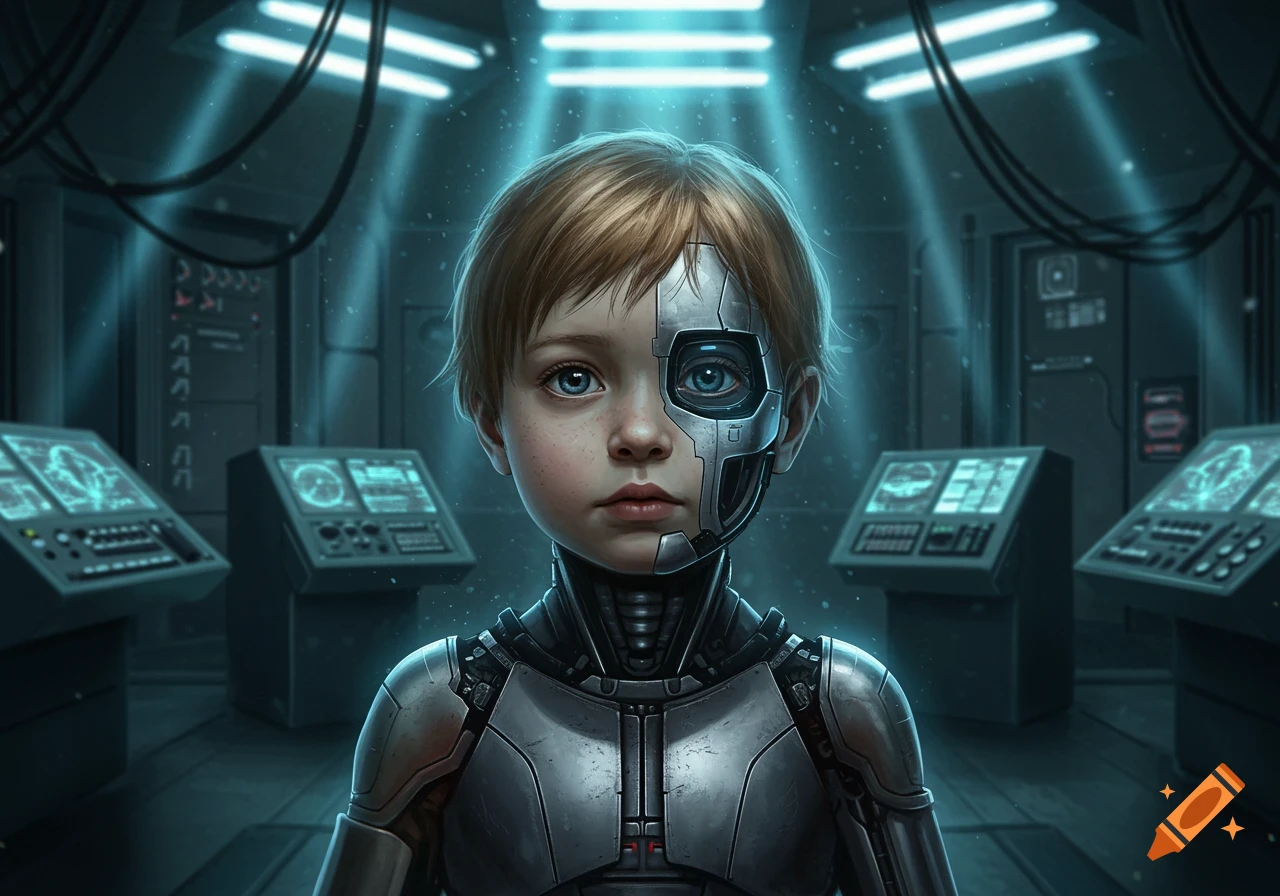 A young child with half human face and half cybernetic face and body stands in a dark, futuristic control room with blue lighting.