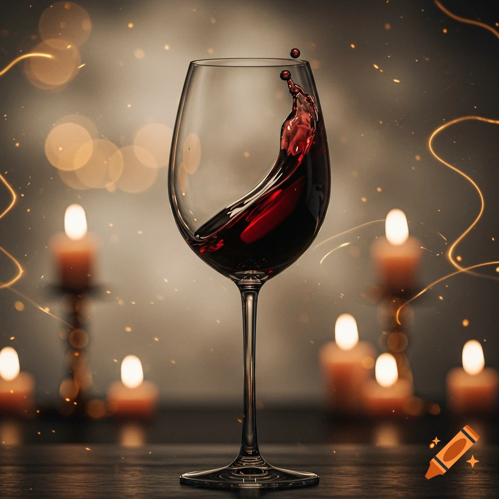 A dynamic shot of red wine splashing in a wine glass, with blurred candles and lights in a warm, dark background.