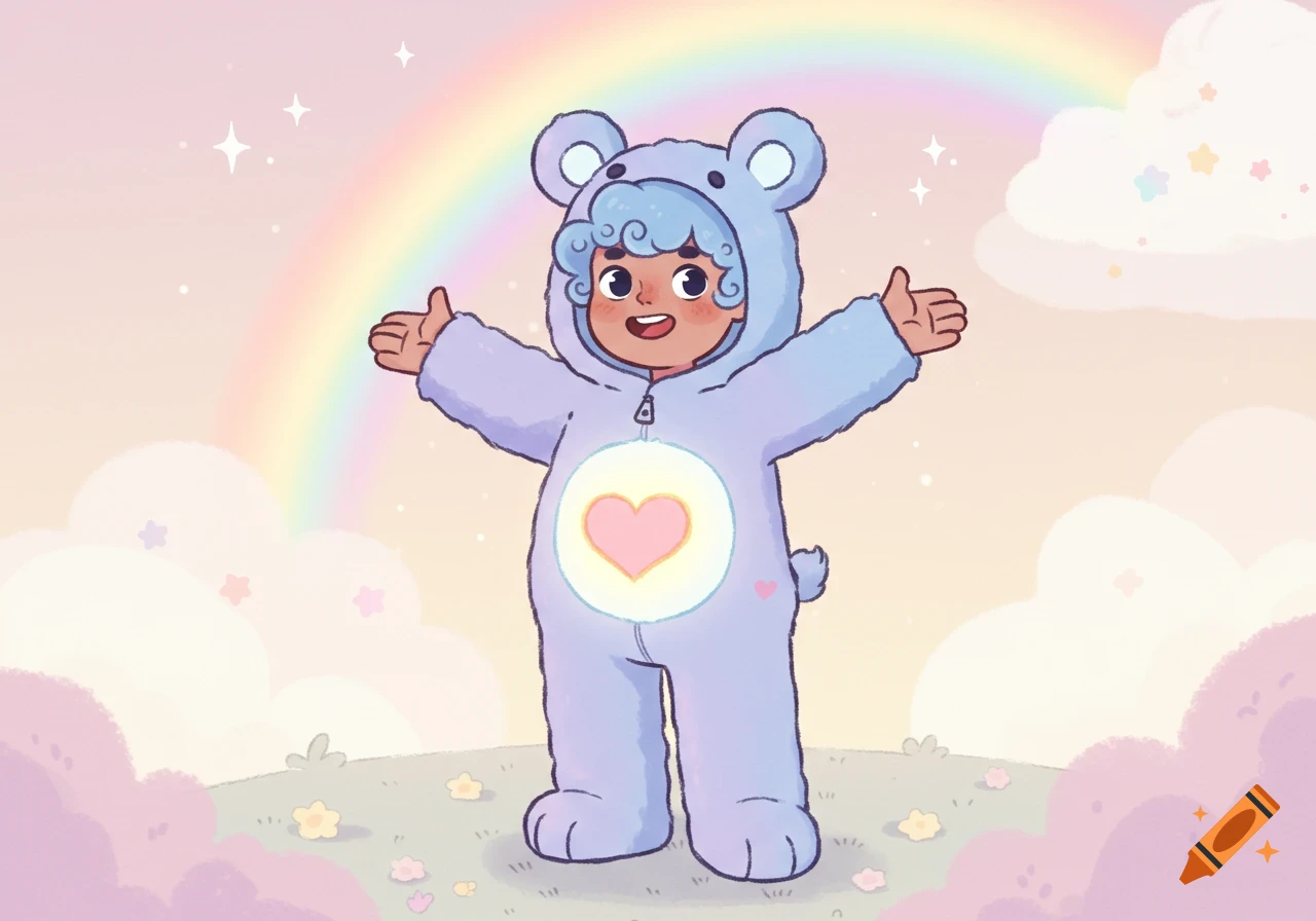 A cheerful cartoon child in a light blue bear costume with a heart on its chest, standing on a grassy hill under a rainbow with clouds and stars.