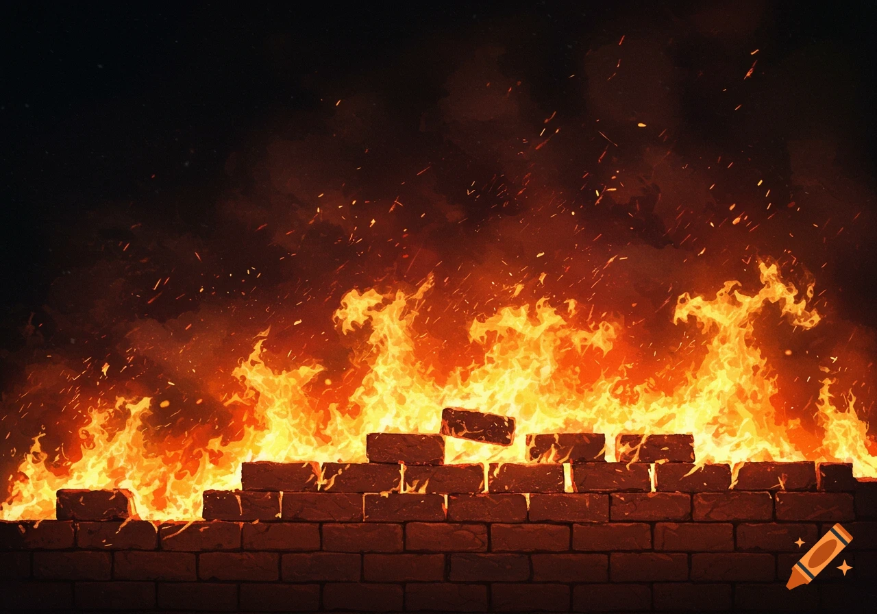 A brick wall consumed by bright orange and yellow flames, with sparks flying upwards against a dark background.