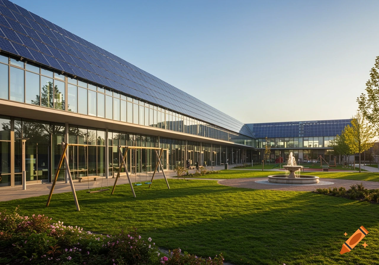 Modern school building with glass walls and solar panels surrounding a green courtyard with a fountain and playground swings under a clear sky.
