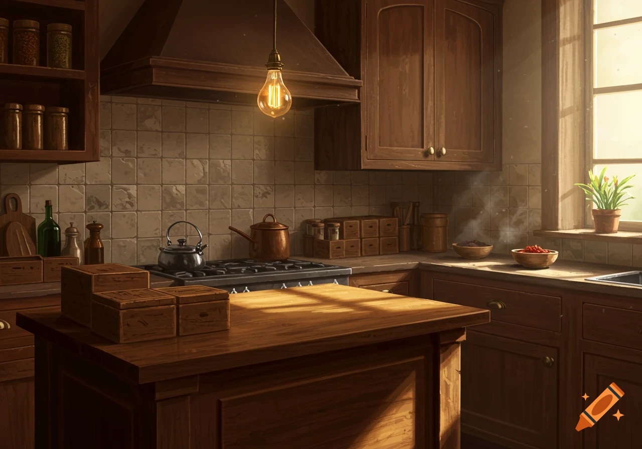 A detailed view of a rustic kitchen with wooden cabinets, a central island, and a stove with a kettle.