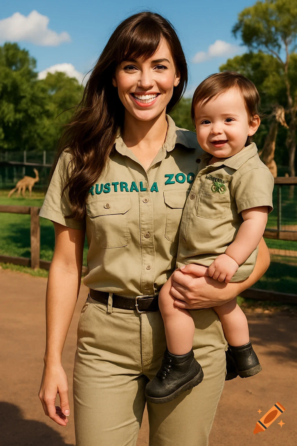 A smiling woman holds a happy baby, both wearing tan safari shirts, in front of a zoo enclosure on a sunny day. The woman's shirt says "AUSTRALIA ZOO" in green letters.