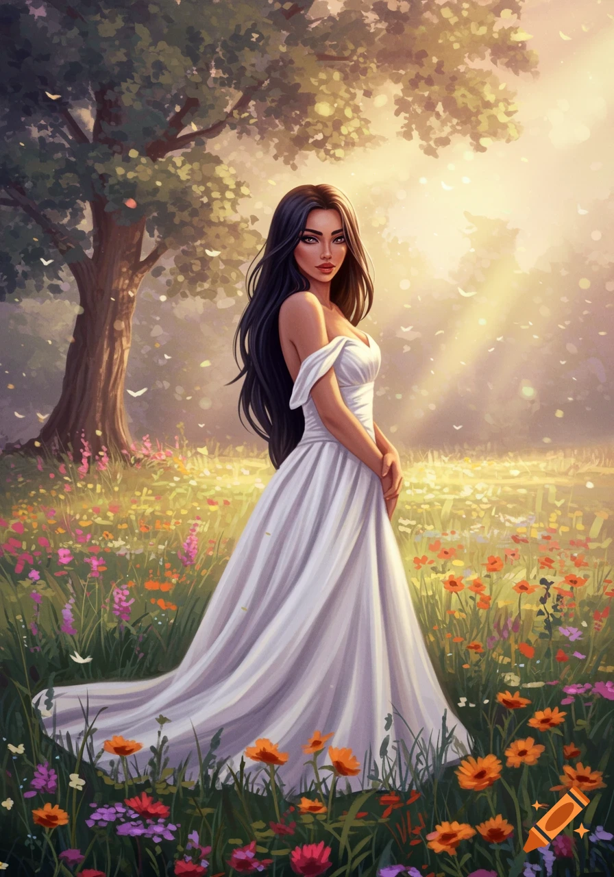 Illustrated fantasy art of a woman in a white dress standing in a field of colorful wildflowers with sun rays filtering through trees.