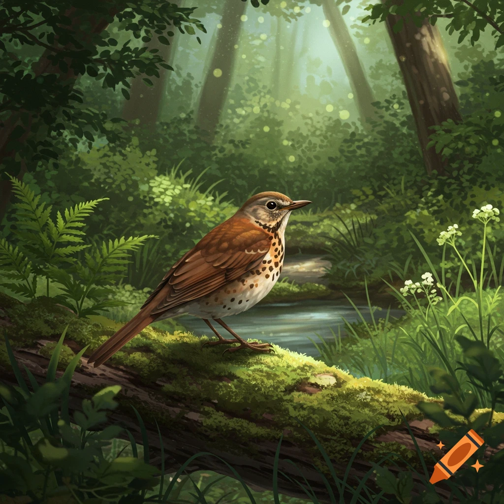 A wood thrush with brown and spotted feathers perches on a mossy log in a lush, sun-dappled forest.