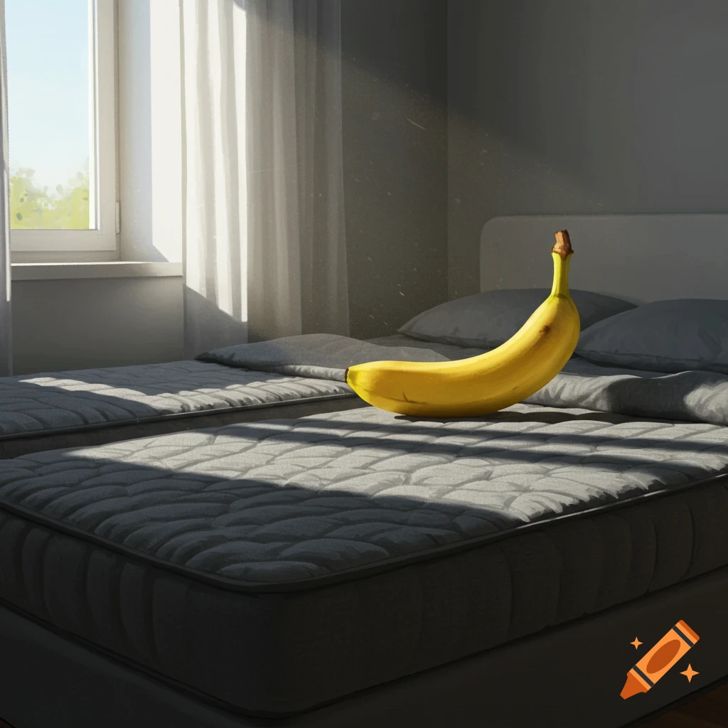 A photorealistic image of a single banana resting on a grey twin mattress in a sunlit bedroom.