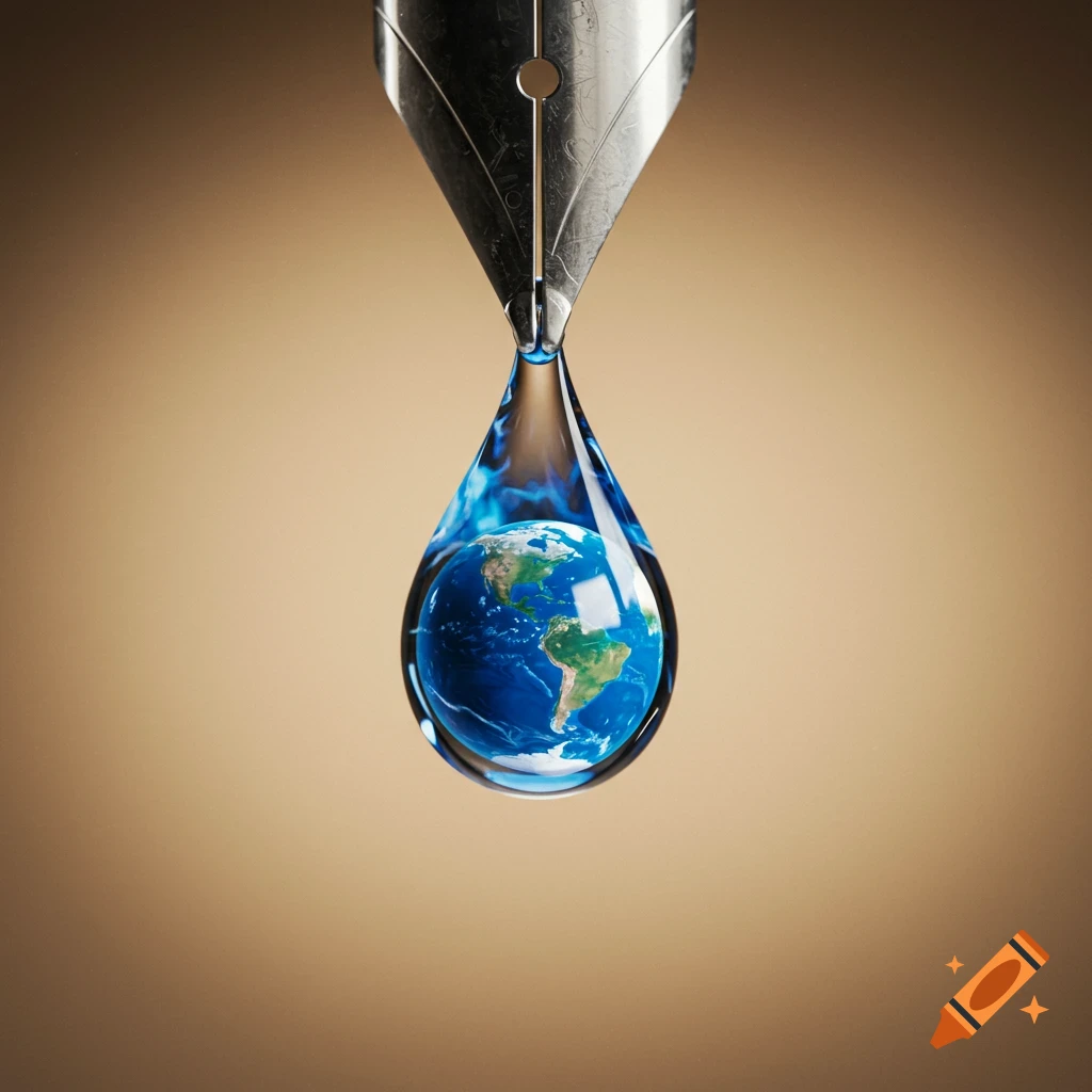 A photorealistic image of a water droplet containing a globe of Earth, hanging from the tip of a metallic fountain pen nib.