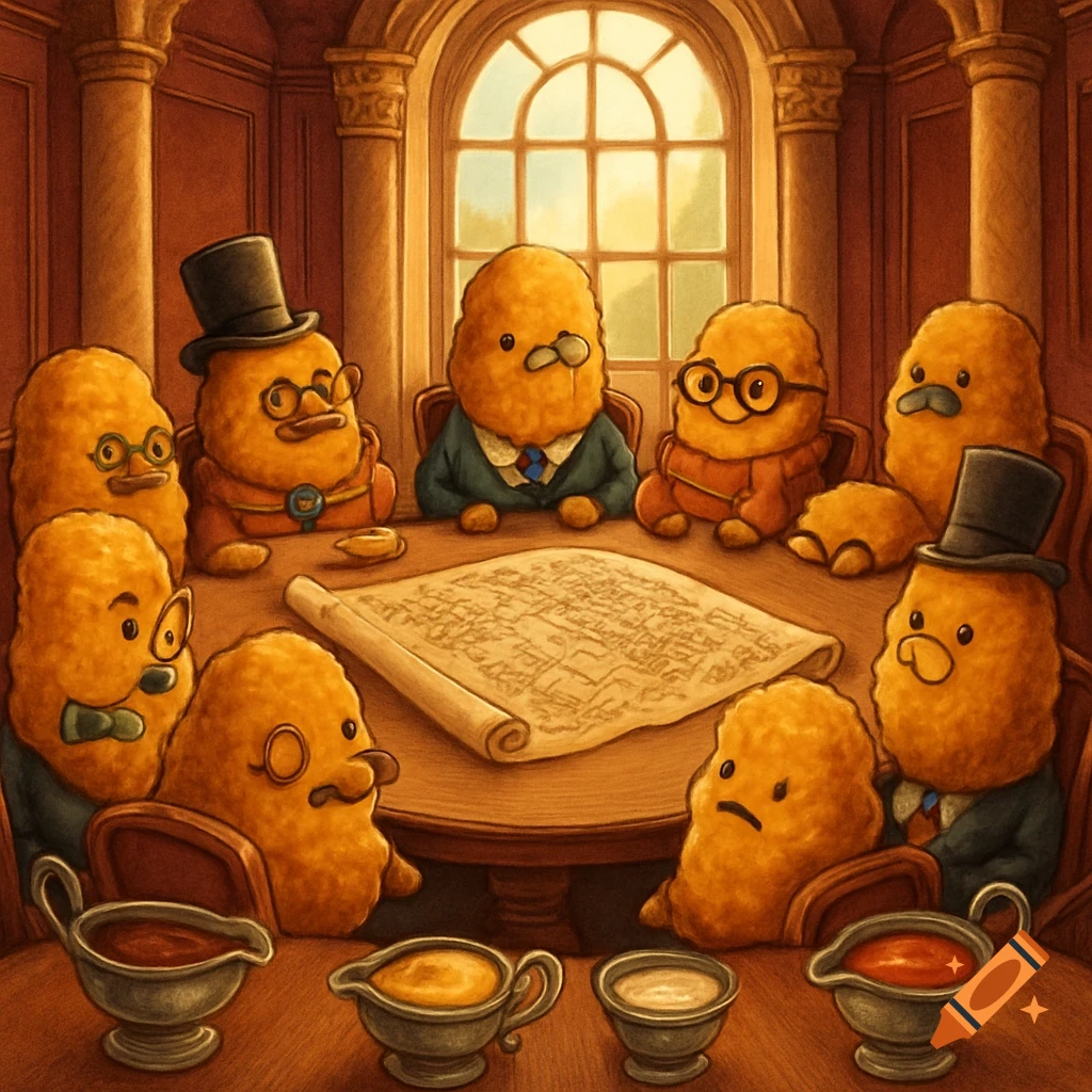 Cartoon chicken nuggets in suits and hats gathered around a table with a scroll, resembling a council meeting.