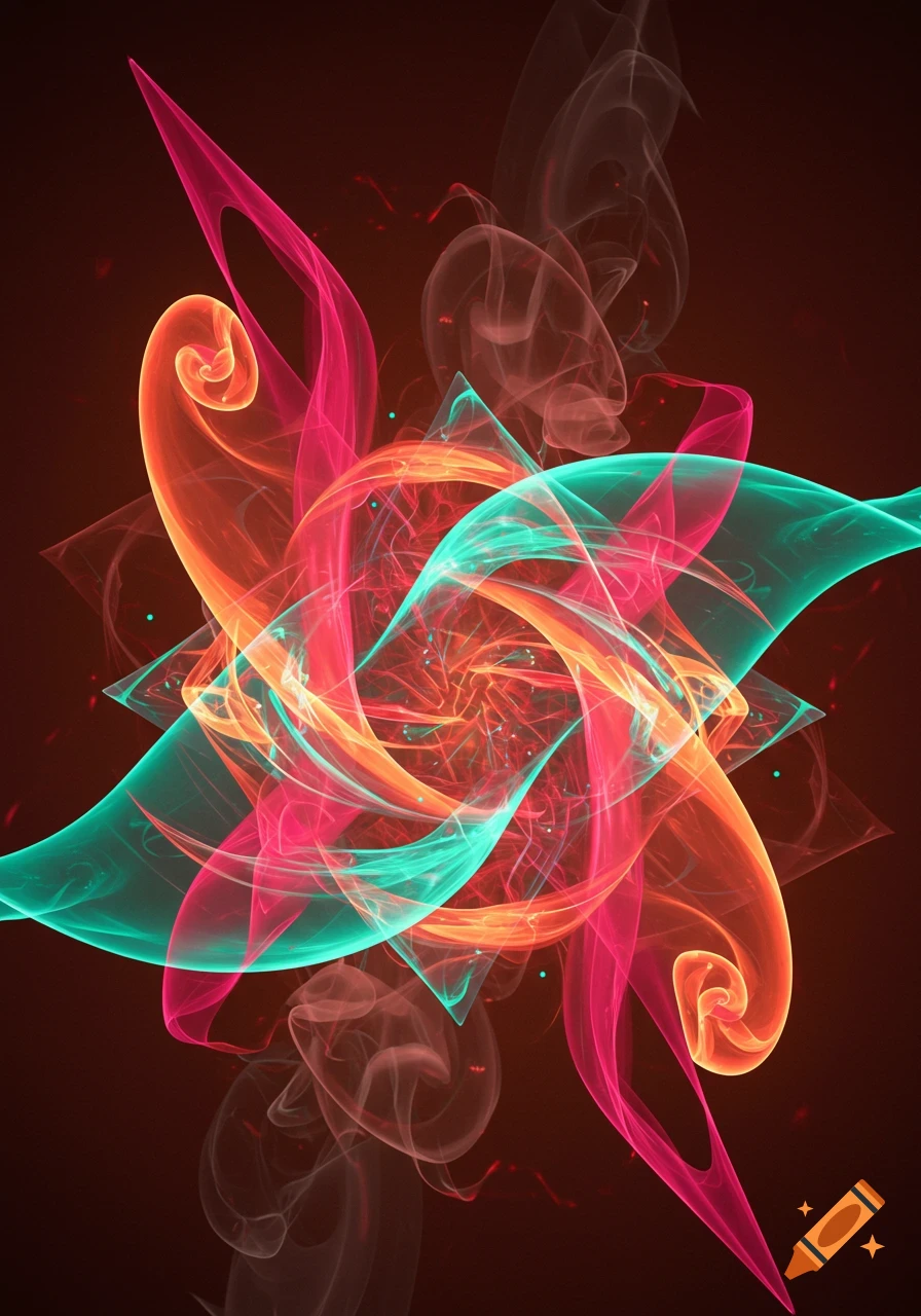 An abstract image of swirling, translucent lines in pink, orange, and teal against a dark background.