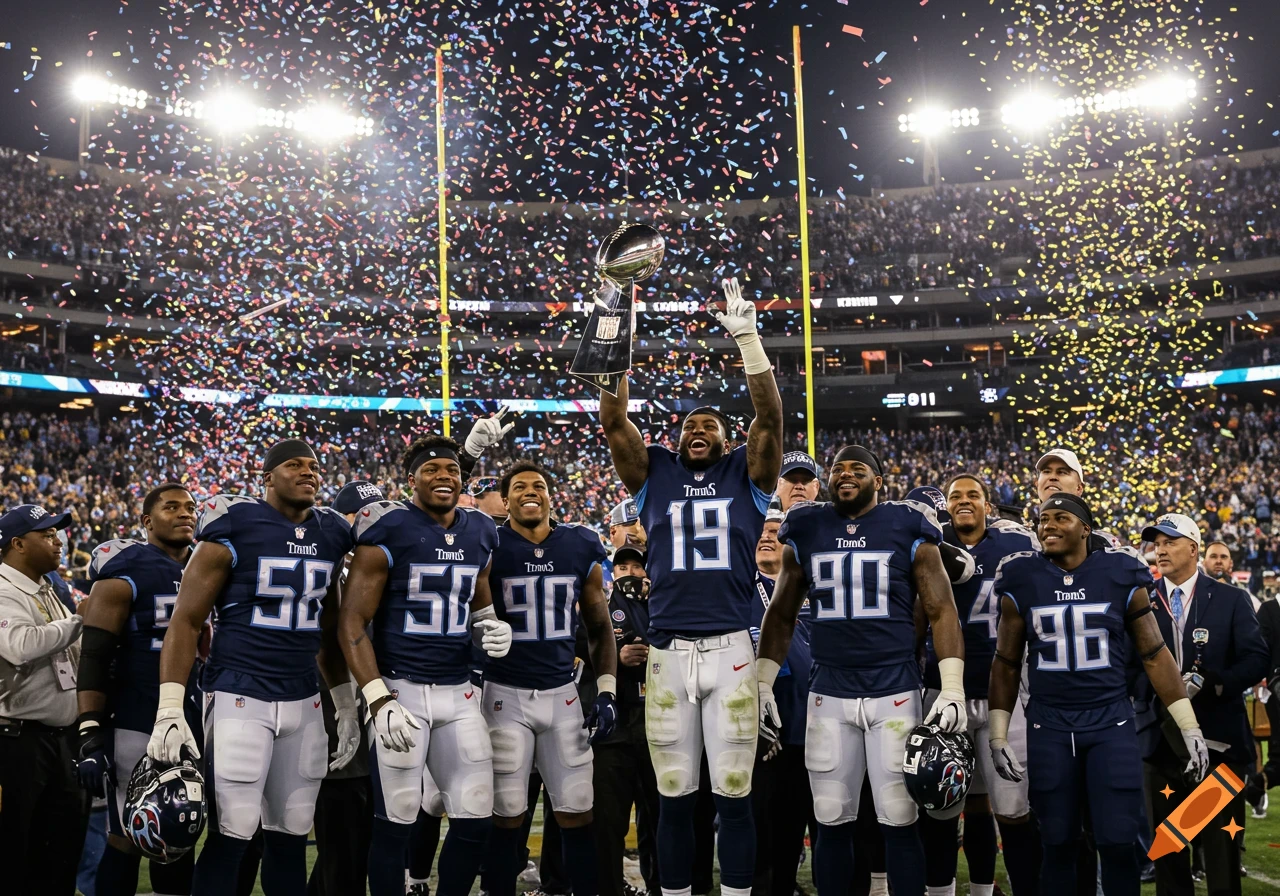 A football team in blue and white jerseys celebrates winning a championship, holding a trophy amidst falling confetti on a stadium field.