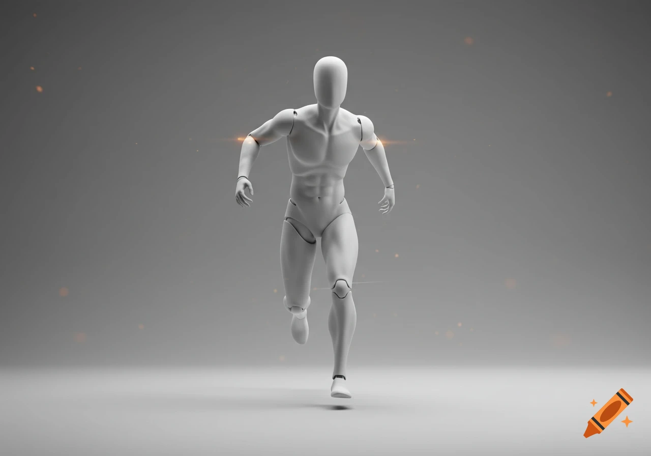 A white, textureless 3D model of a human male running forward on a grey background.
